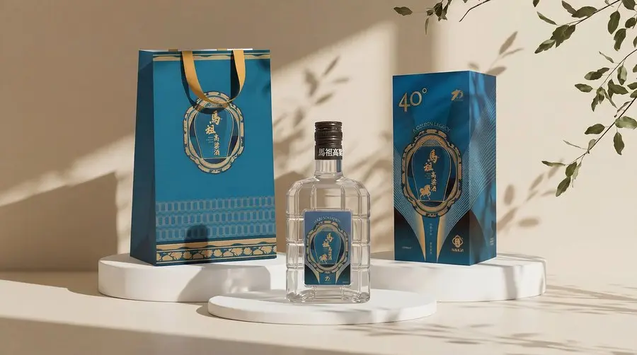 酒品禮盒包裝設計，深藍底金色紋樣提袋與瓶身